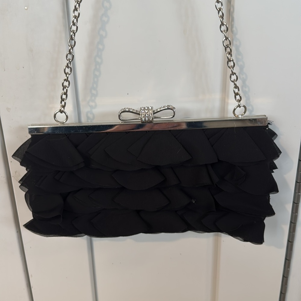 EXPRESSIONS NYC ELEGANT BLACK CLUTCH with  SILVER CHAIN & BOW RHINESTONE CLASP